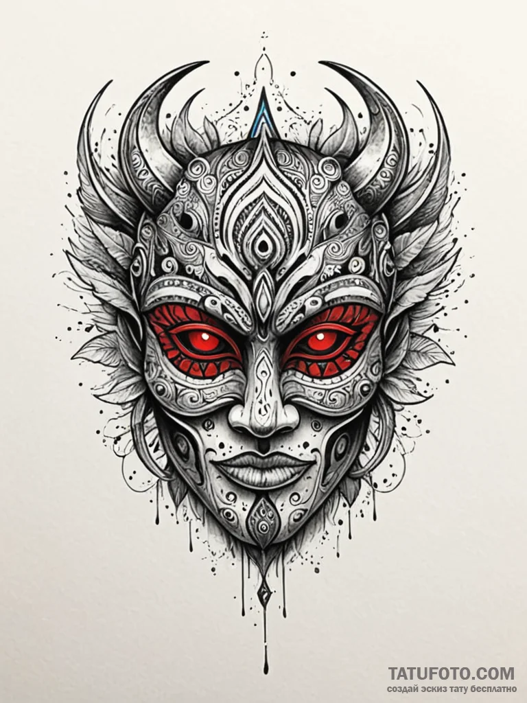 Tattoo sketch, tribal mask, holographic eyes,… — эскиз тату (№1752398631_0, 13.07.2025 09:23) — Tatufoto.com