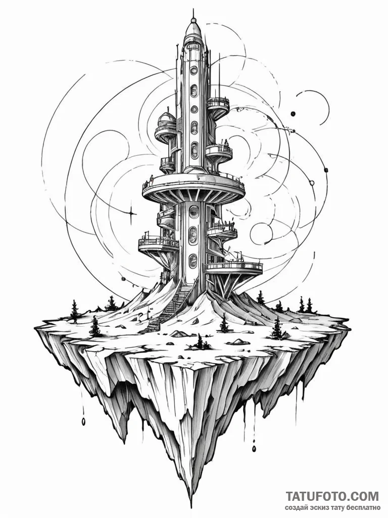 Tattoo sketch, outpost on the edge of reality... - эскиз тату (№1752398890_0, 13.07.2025 09:28) — Tatufoto.com