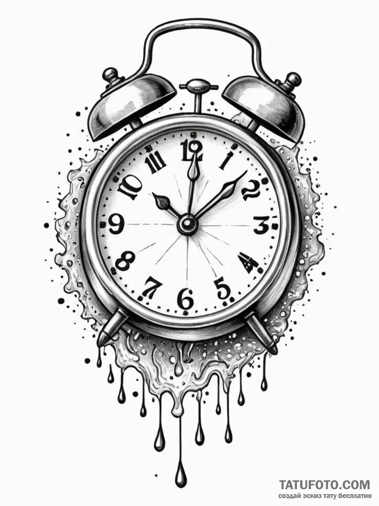 Tattoo sketch, an alarm clock melting, with n... - эскиз тату (№1752398975_0, 13.07.2025 09:29) — Tatufoto.com