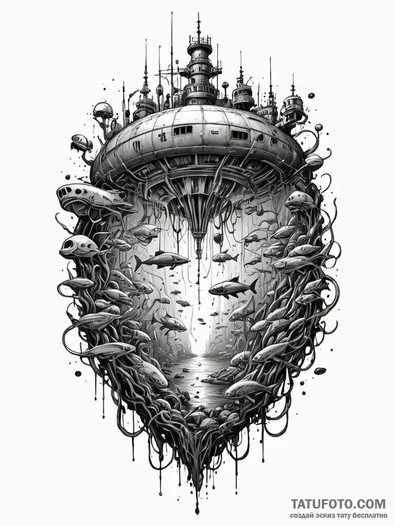 Tattoo sketch, deep sea data mine, a submarin… — эскиз тату (№1752399656_0, 13.07.2025 09:40) — Tatufoto.com