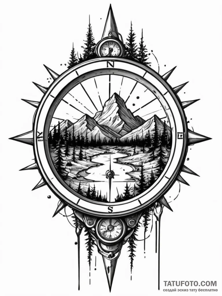 Tattoo sketch, jagged journey compass, an ant... - эскиз тату (№1752399741_0, 13.07.2025 09:42) — Tatufoto.com