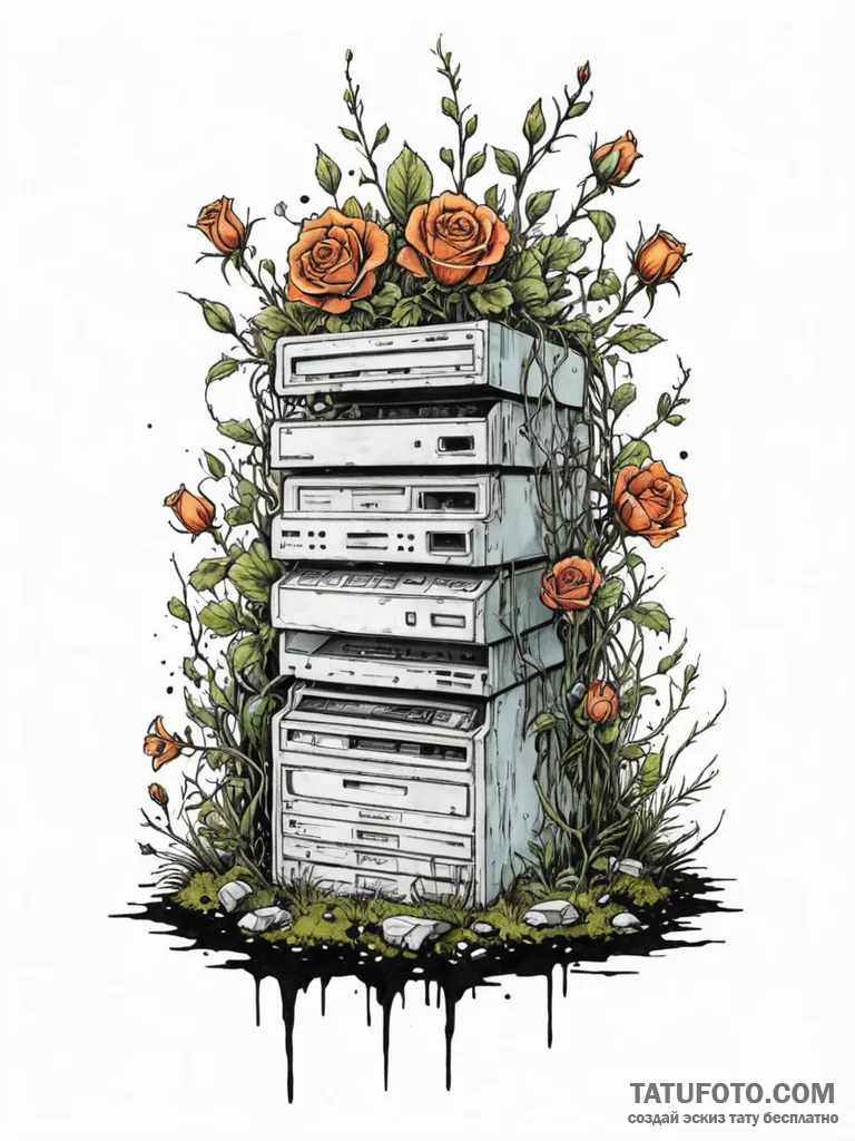 Tattoo sketch, organic overgrowth on obsolete... - эскиз тату (№1752400948_0, 13.07.2025 10:02) — Tatufoto.com