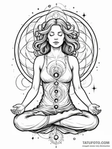 Tattoo sketch, meditating figure, cosmic aura... - эскиз тату (№1752401734_0, 13.07.2025 10:15) — Tatufoto.com