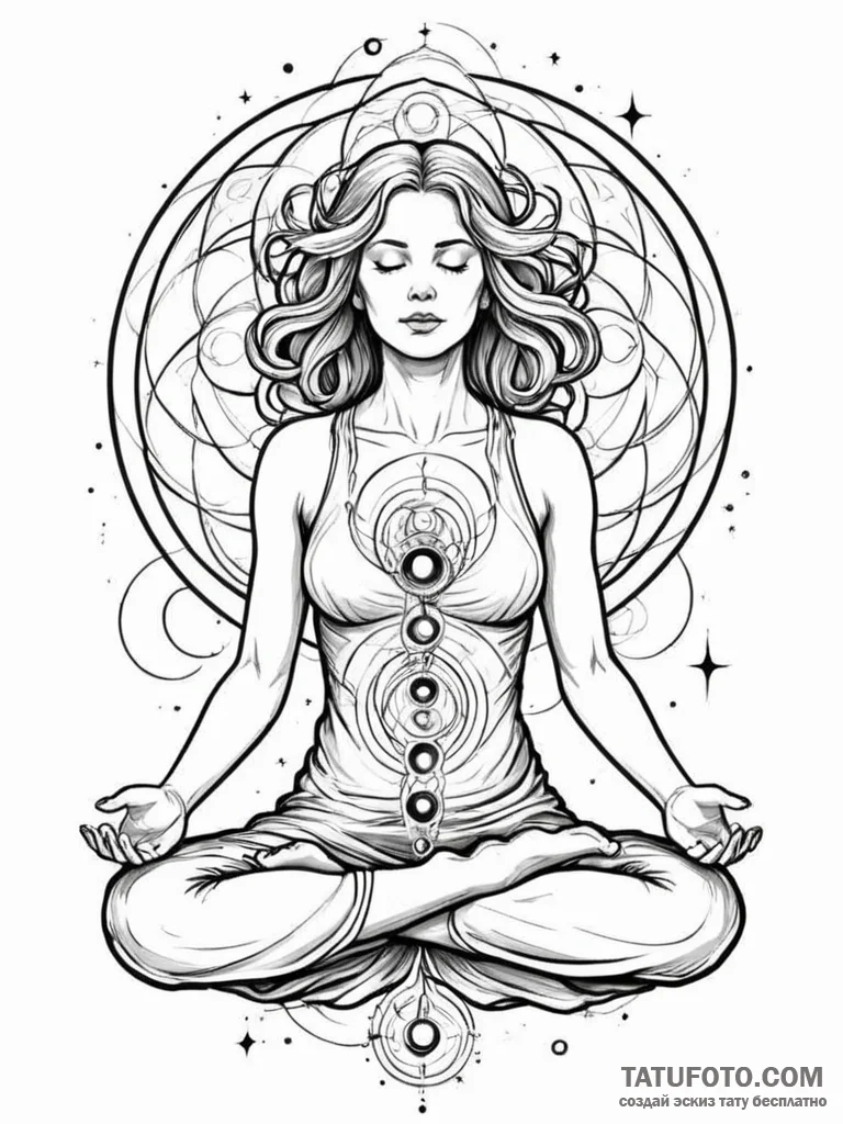 Tattoo sketch, meditating figure, cosmic aura... - эскиз тату (№1752401734_0, 13.07.2025 10:15) — Tatufoto.com