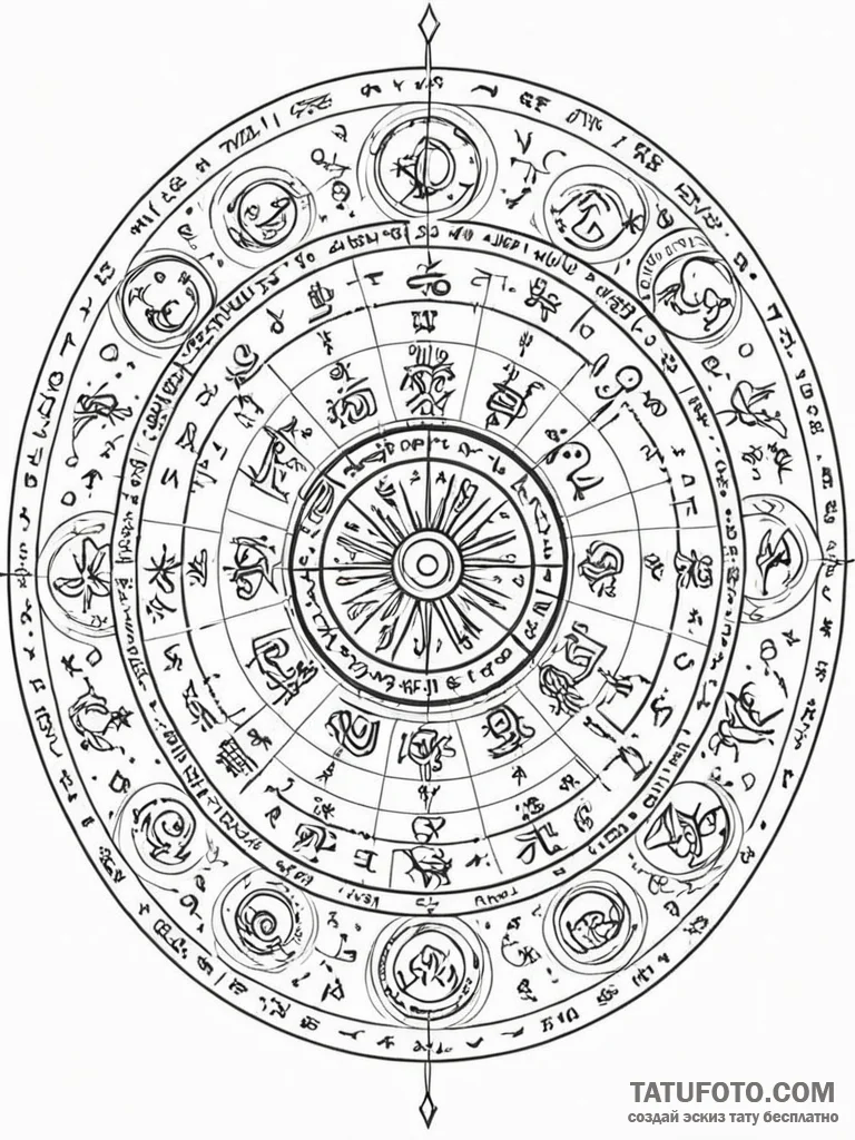 Tattoo sketch, zodiac wheel, algorithm driven... - эскиз тату (№1752401821_0, 13.07.2025 10:17) — Tatufoto.com