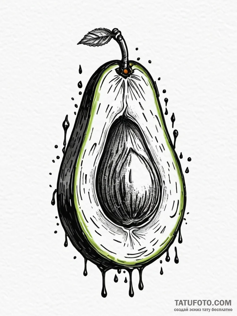 Tattoo sketch, an avocado sliced open to reve... - эскиз тату (№1752402162_0, 13.07.2025 10:22) — Tatufoto.com