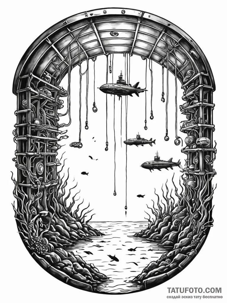 Tattoo sketch, deep sea data mine, a submarin... - эскиз тату (№1752402502_0, 13.07.2025 10:28) — Tatufoto.com