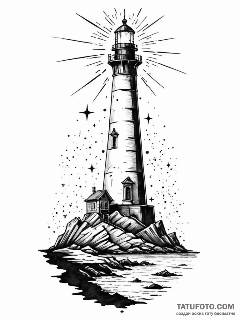 Tattoo sketch, weathered lighthouse, cosmic b... - эскиз тату (№1752402931_0, 13.07.2025 10:35) — Tatufoto.com