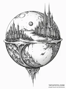 Tattoo sketch, juxtaposed realities globe, a... - эскиз тату (№1752403189_0, 13.07.2025 10:39) — Tatufoto.com