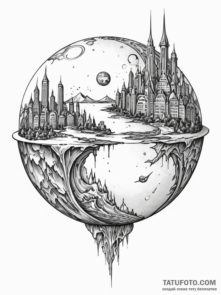 Tattoo sketch, juxtaposed realities globe, a… — эскиз тату (№1752403189_0, 13.07.2025 10:39) — Tatufoto.com