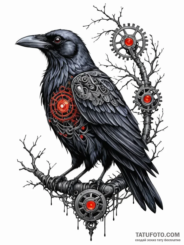 Tattoo sketch, robotic raven's roost, a majes... - эскиз тату (№1752403530_0, 13.07.2025 10:45) — Tatufoto.com