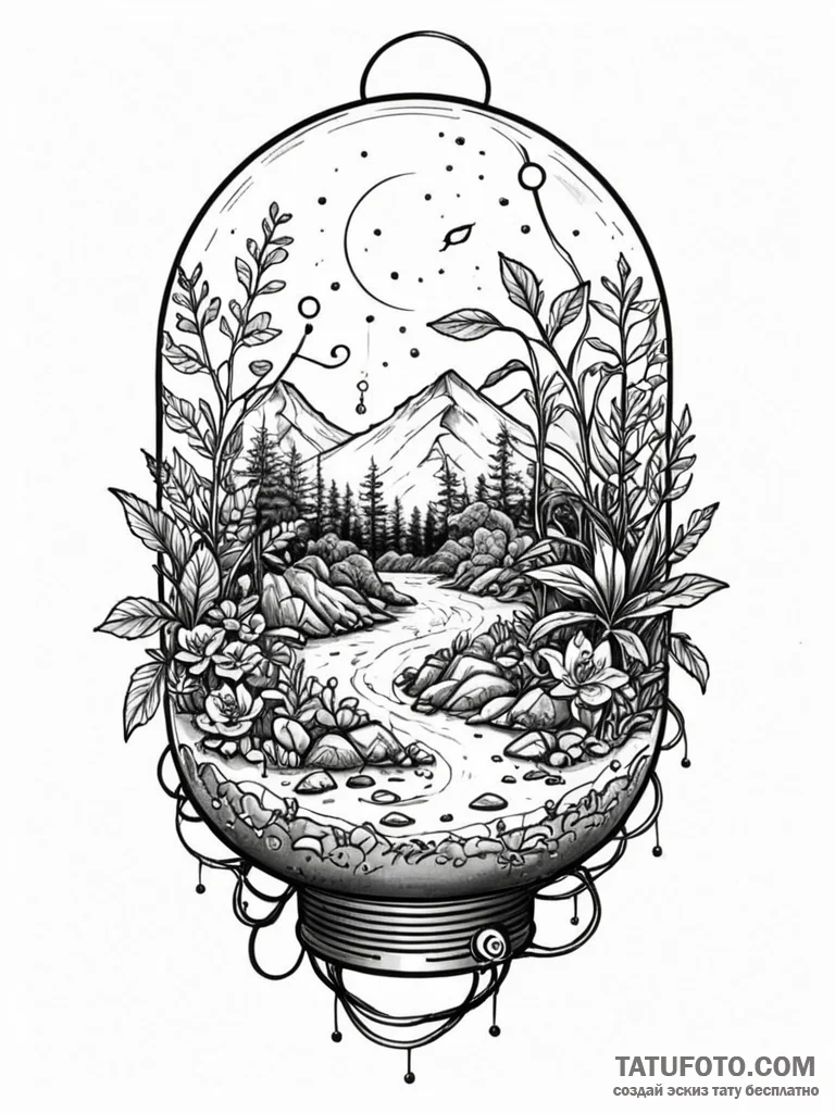 Tattoo sketch, electric ecosystem, a lush, vi... - эскиз тату (№1752403874_0, 13.07.2025 10:51) — Tatufoto.com