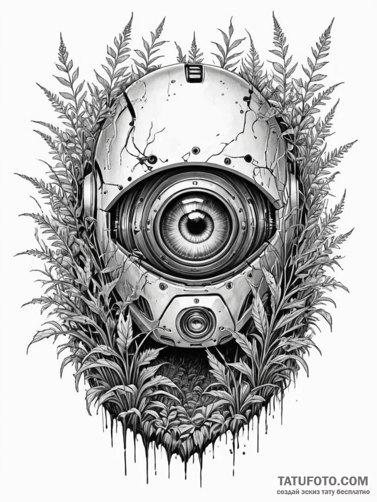 Tattoo sketch, watcher in the weeds (robot ey... - эскиз тату (№1752405003_0, 13.07.2025 11:10) — Tatufoto.com