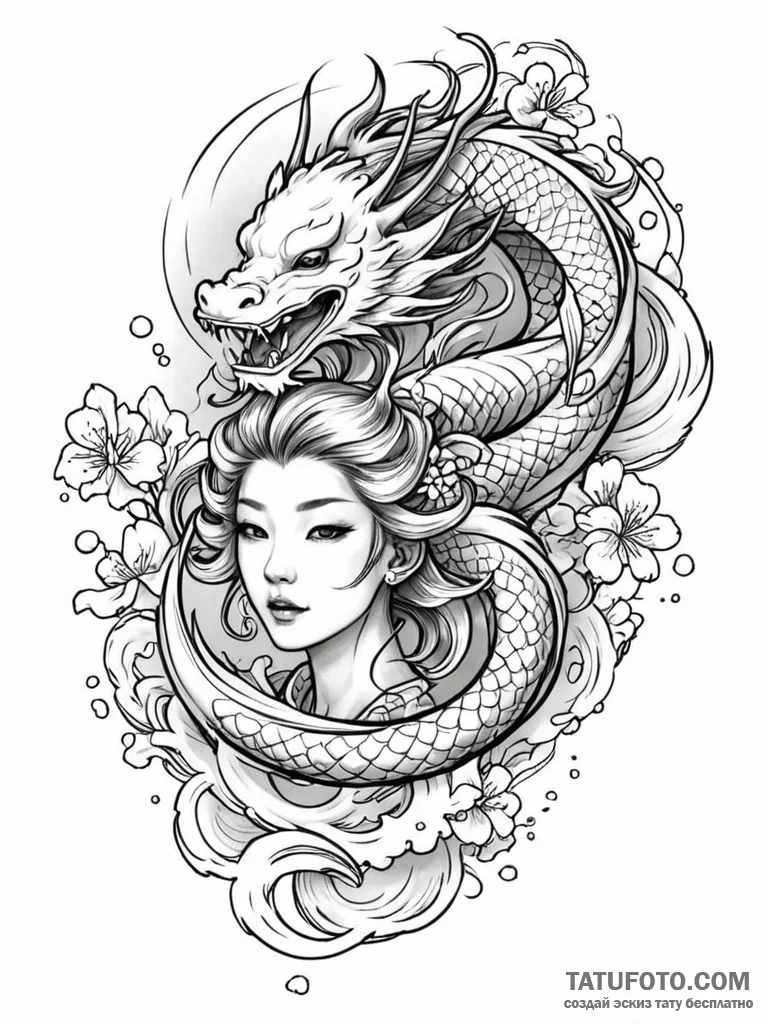 Tattoo sketch, an art nouveau android with fl... - эскиз тату (№1752405424_0, 13.07.2025 11:17) — Tatufoto.com