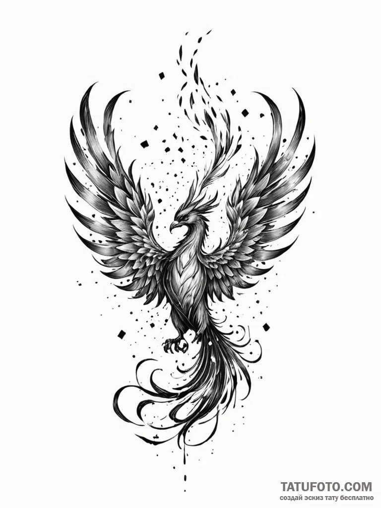 Tattoo sketch, phoenix ember, digital ash, a... - эскиз тату (№1752406482_0, 13.07.2025 11:34) — Tatufoto.com