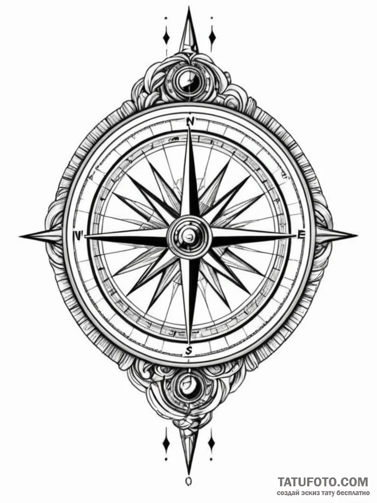Tattoo sketch, antique compass pointing towar... - эскиз тату (№1752406566_0, 13.07.2025 11:36) — Tatufoto.com
