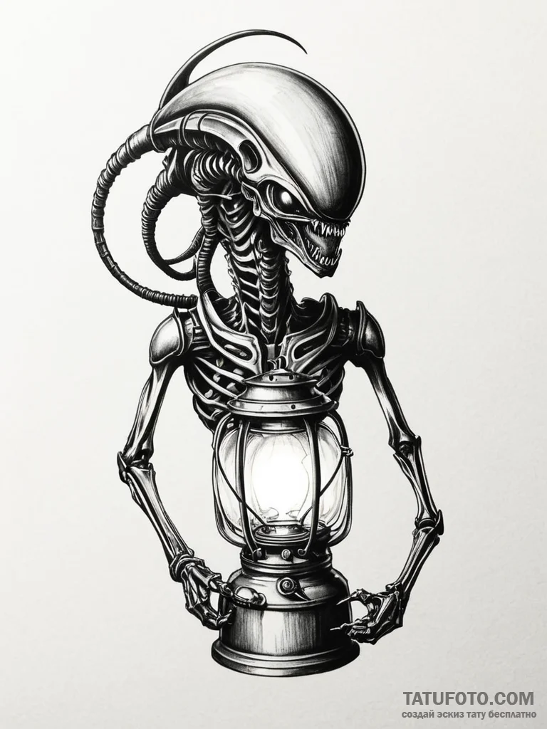 Tattoo sketch, xenomorphic lantern, guiding l… — эскиз тату (№1752406737_0, 13.07.2025 11:38) — Tatufoto.com