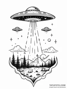 Tattoo sketch, alien abduction scene, whimsic... - эскиз тату (№1752407077_0, 13.07.2025 11:44) — Tatufoto.com