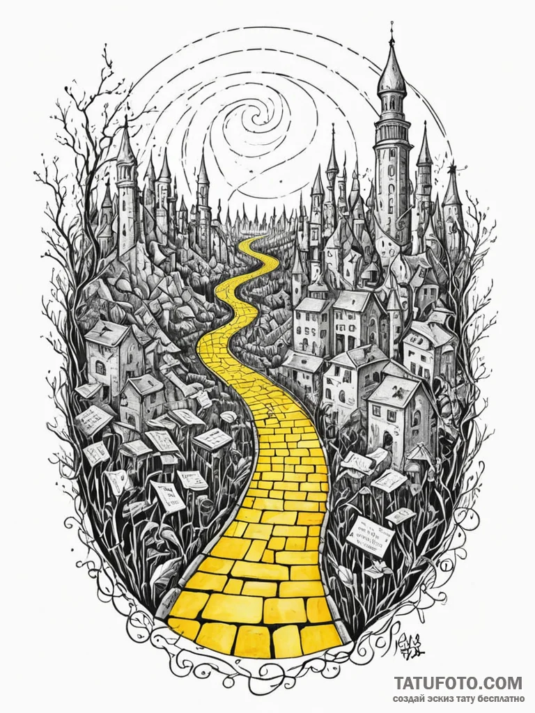 Tattoo sketch, yellow brick road of code, a w… — эскиз тату (№1752407672_0, 13.07.2025 11:54) — Tatufoto.com