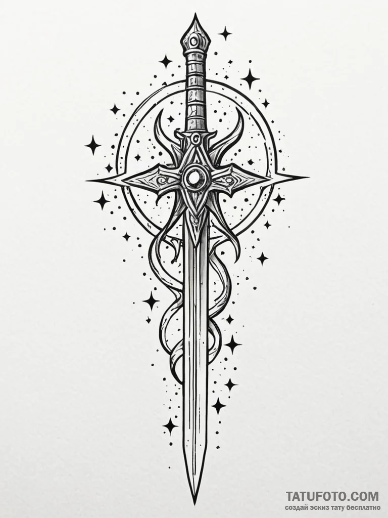 Tattoo sketch, zodiac sword, cosmic blade, a... - эскиз тату (№1752408016_0, 13.07.2025 12:00) — Tatufoto.com