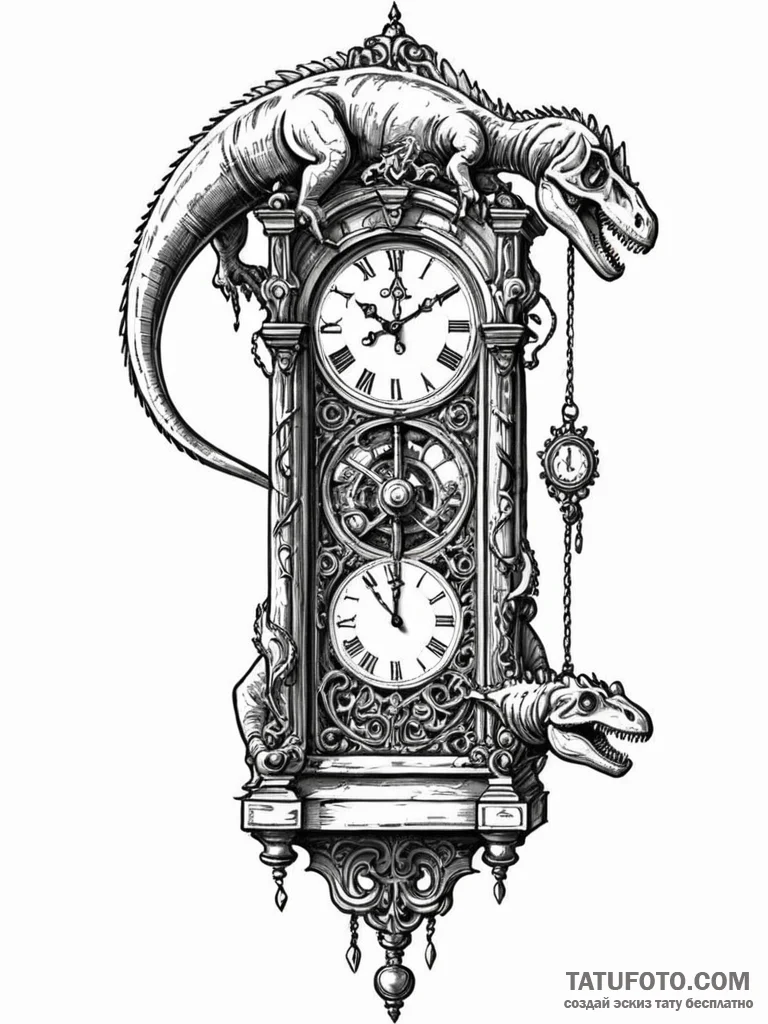 Tattoo sketch, grandfather clock of eras, an... - эскиз тату (№1752408188_0, 13.07.2025 12:03) — Tatufoto.com