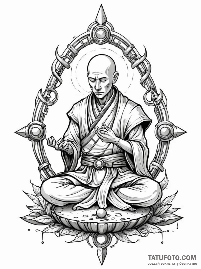 Tattoo sketch, mech-monk's meditation garden,... - эскиз тату (№1752408274_0, 13.07.2025 12:04) — Tatufoto.com