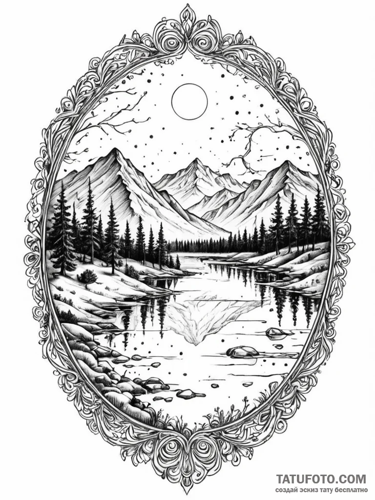 **tattoo sketch, valley of quiet reflections... - эскиз тату (№1752408446_0, 13.07.2025 12:07) — Tatufoto.com