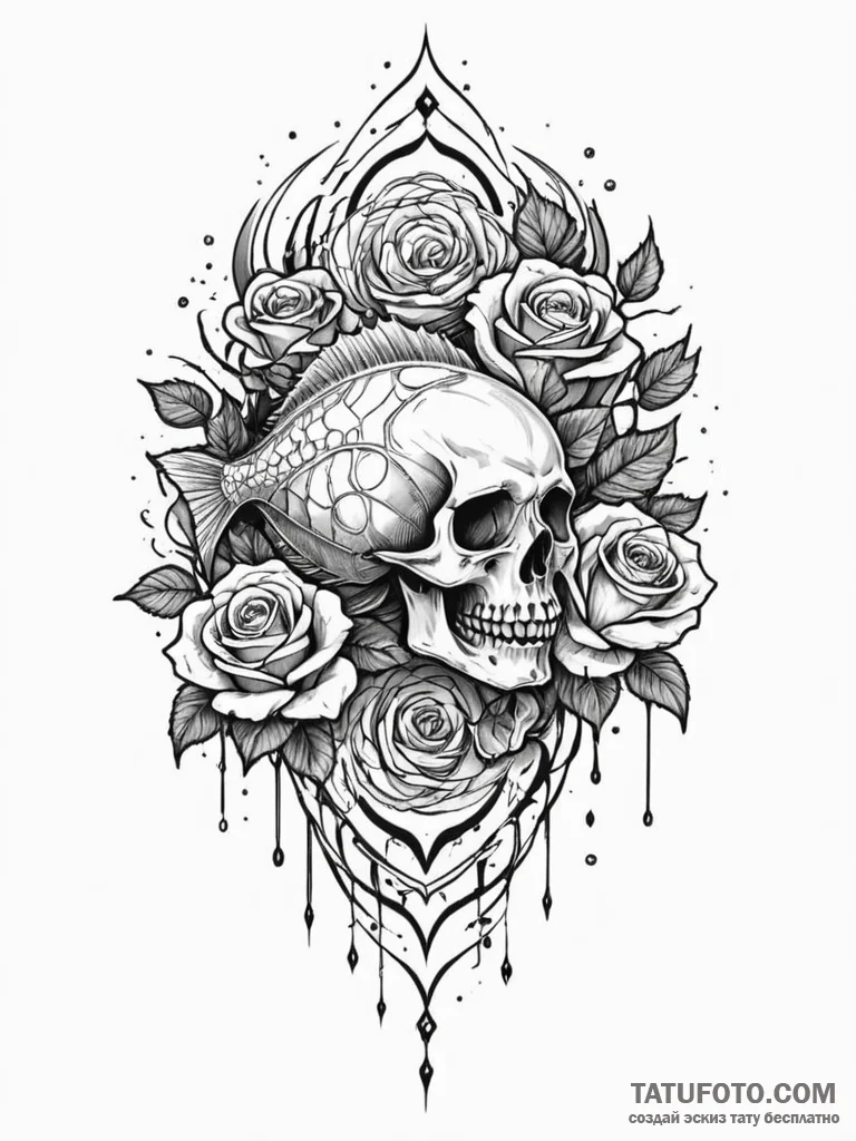 Tattoo sketch, jumping fish, cybernetic scale… — эскиз тату (№1752408531_0, 13.07.2025 12:08) — Tatufoto.com