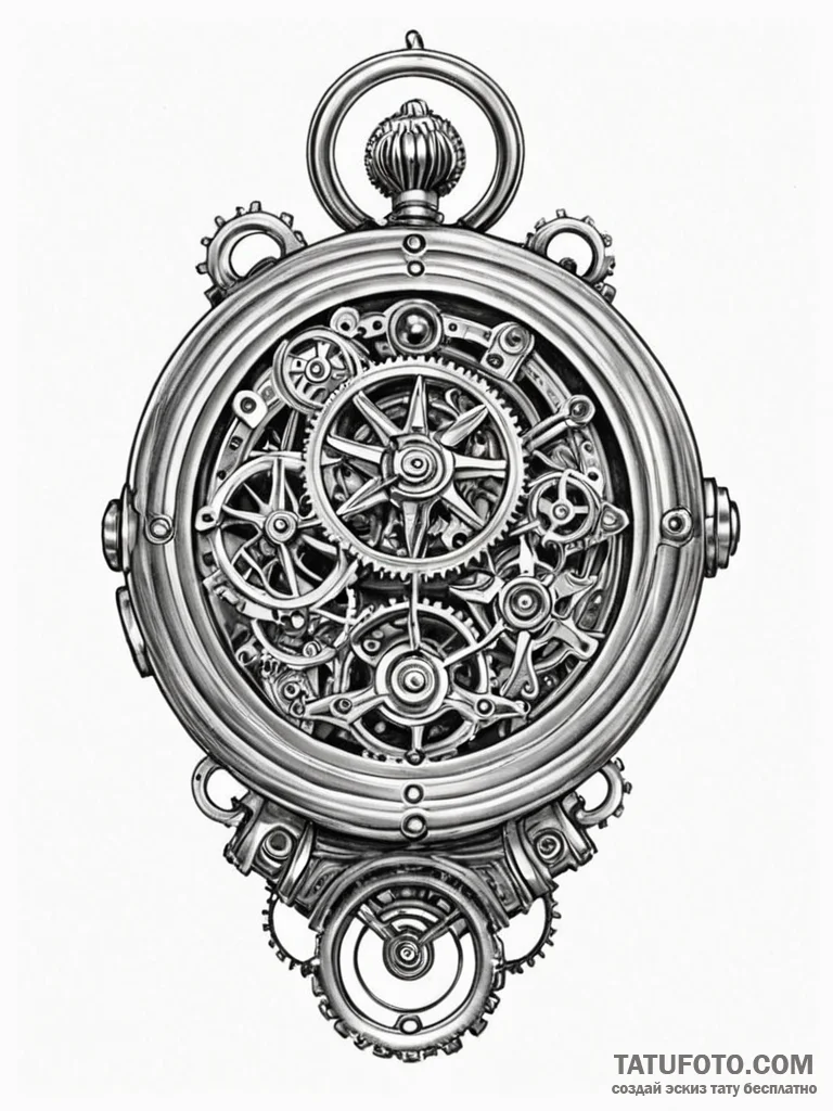 Tattoo sketch, rewound timepiece, cosmic gear… — эскиз тату (№1752408617_0, 13.07.2025 12:10) — Tatufoto.com