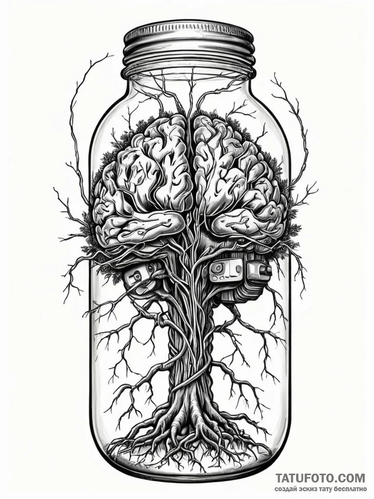 Tattoo sketch, bionic brain in a glass jar, p… — эскиз тату (№1752409553_0, 13.07.2025 12:25) — Tatufoto.com