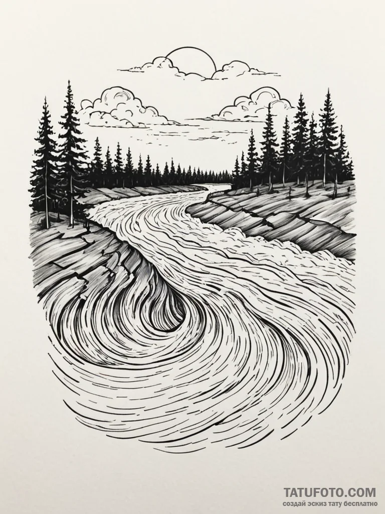 Tattoo sketch, tidal bore, data flow, a power… — эскиз тату (№1752409638_0, 13.07.2025 12:27) — Tatufoto.com