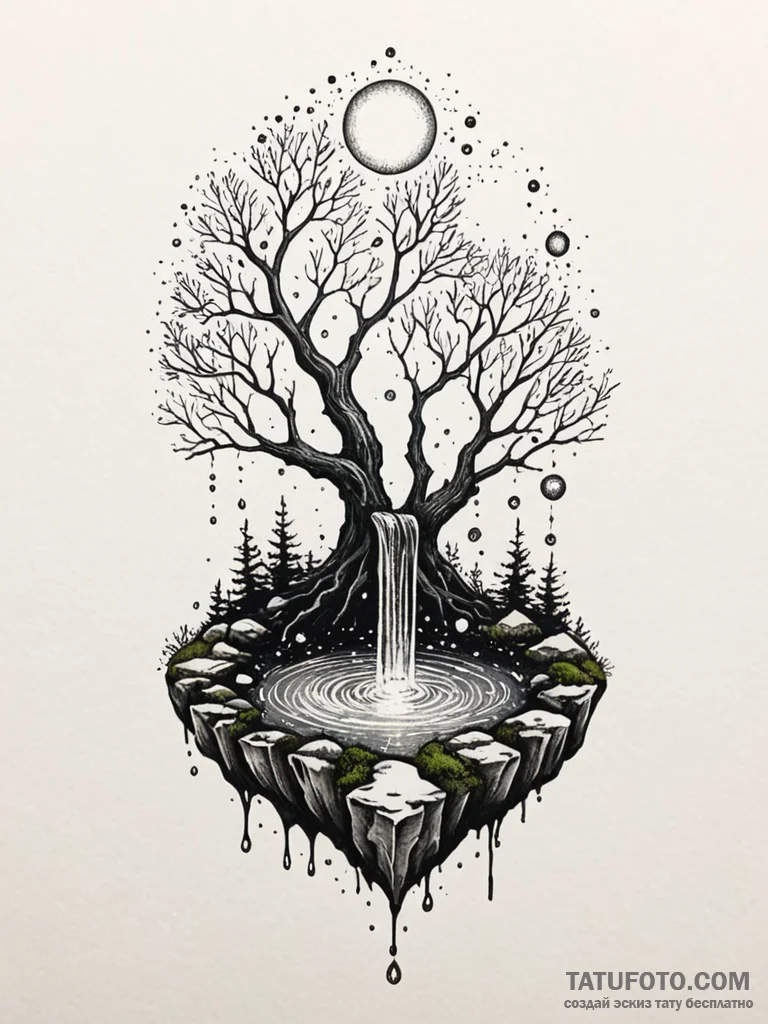 Tattoo sketch, wisdom's wellspring, cosmic wa... - эскиз тату (№1752410147_0, 13.07.2025 12:35) — Tatufoto.com