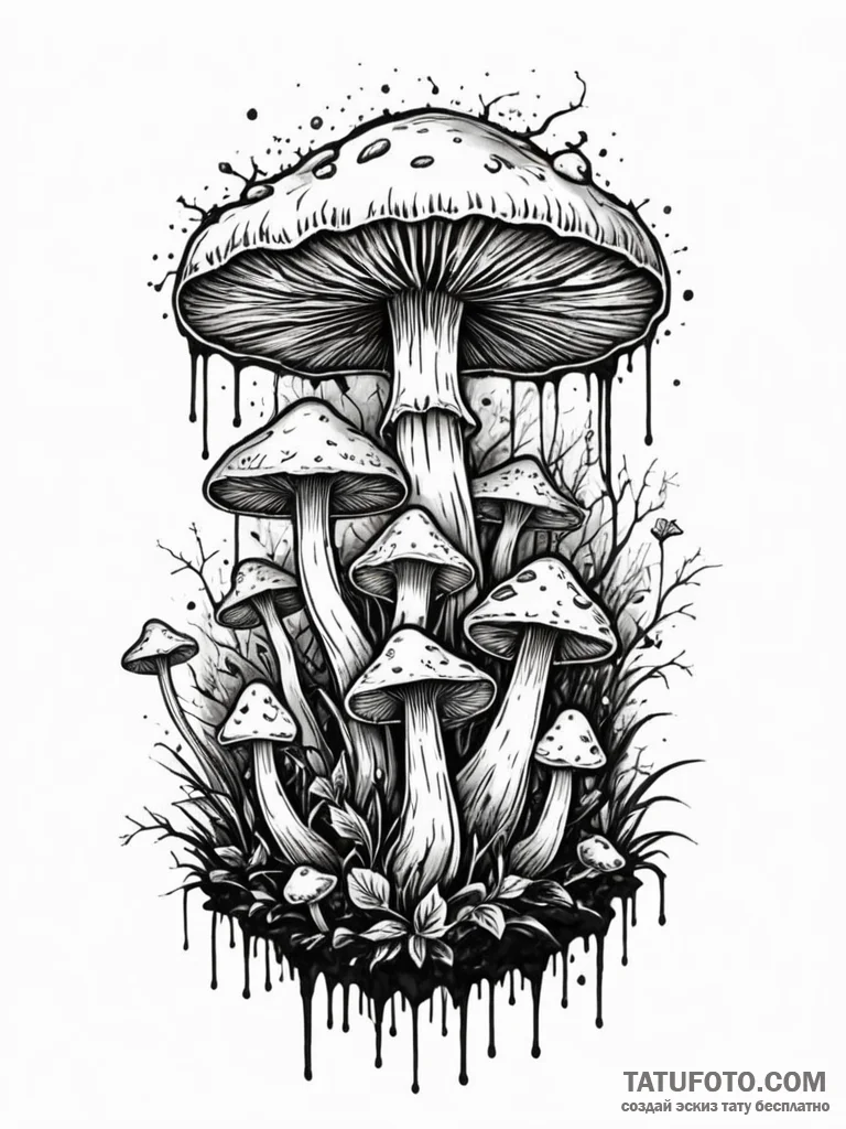 Tattoo sketch, mystical mushroom network, a c… — эскиз тату (№1752410400_0, 13.07.2025 12:40) — Tatufoto.com