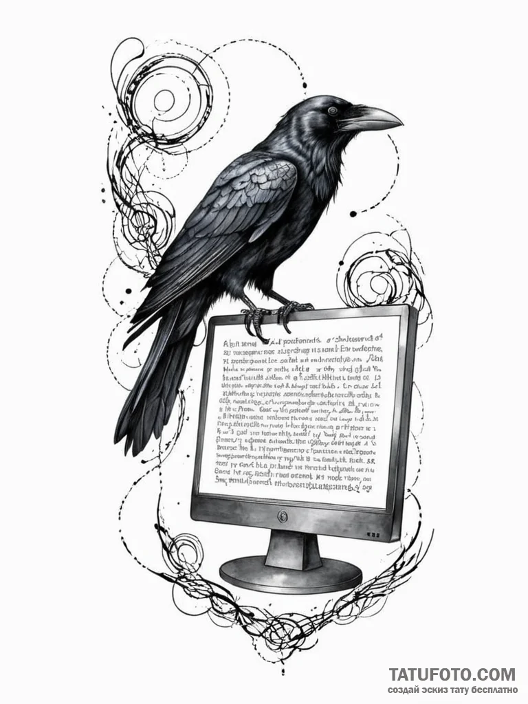 Tattoo sketch, raven's scroll of digital omen... - эскиз тату (№1752410733_0, 13.07.2025 12:45) — Tatufoto.com