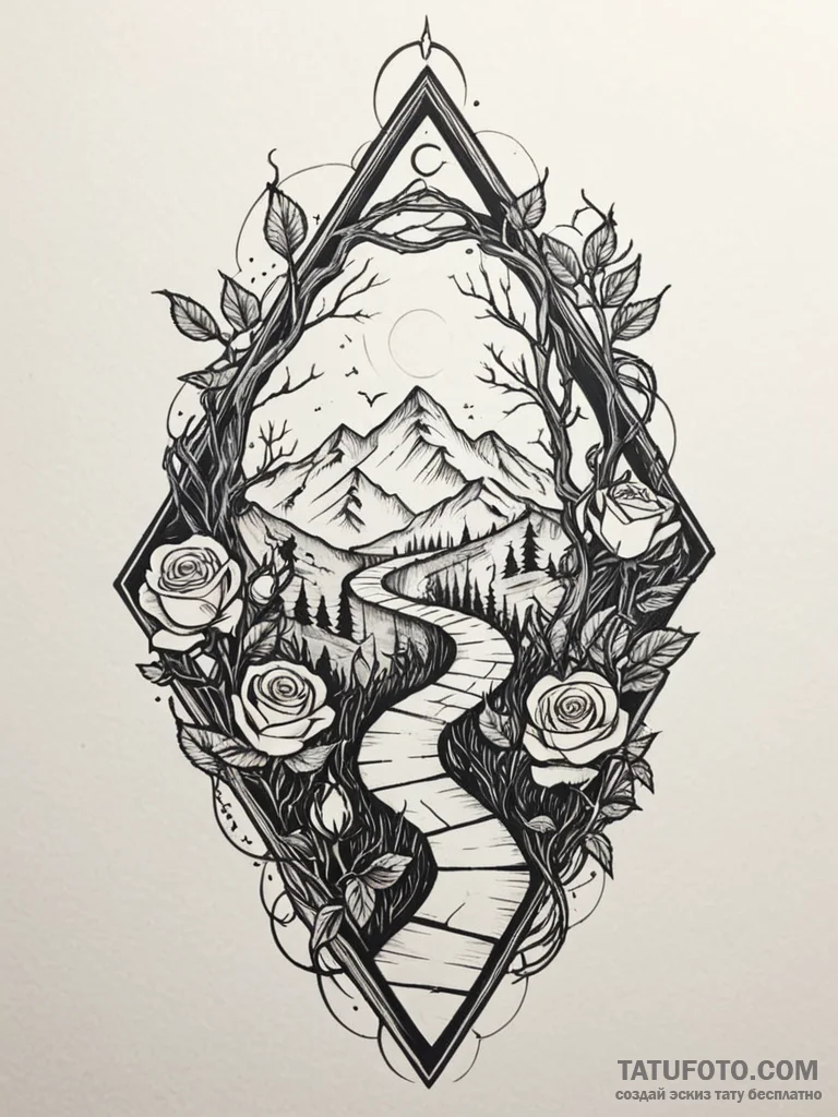Tattoo sketch, zigzag path to the unknown, a... - эскиз тату (№1752410817_0, 13.07.2025 12:46) — Tatufoto.com