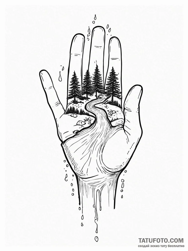 Tattoo sketch, integrated ecosystem hand, a h... - эскиз тату (№1752410929_0, 13.07.2025 12:48) — Tatufoto.com