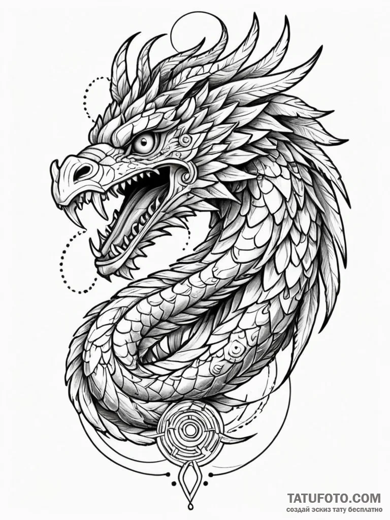 Tattoo sketch, feathered serpent, circuit sca... - эскиз тату (№1752417059_0, 13.07.2025 14:30) — Tatufoto.com