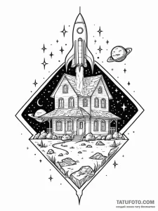 Tattoo sketch, home as a spaceship, a detaile... - эскиз тату (№1752417226_0, 13.07.2025 14:33) — Tatufoto.com