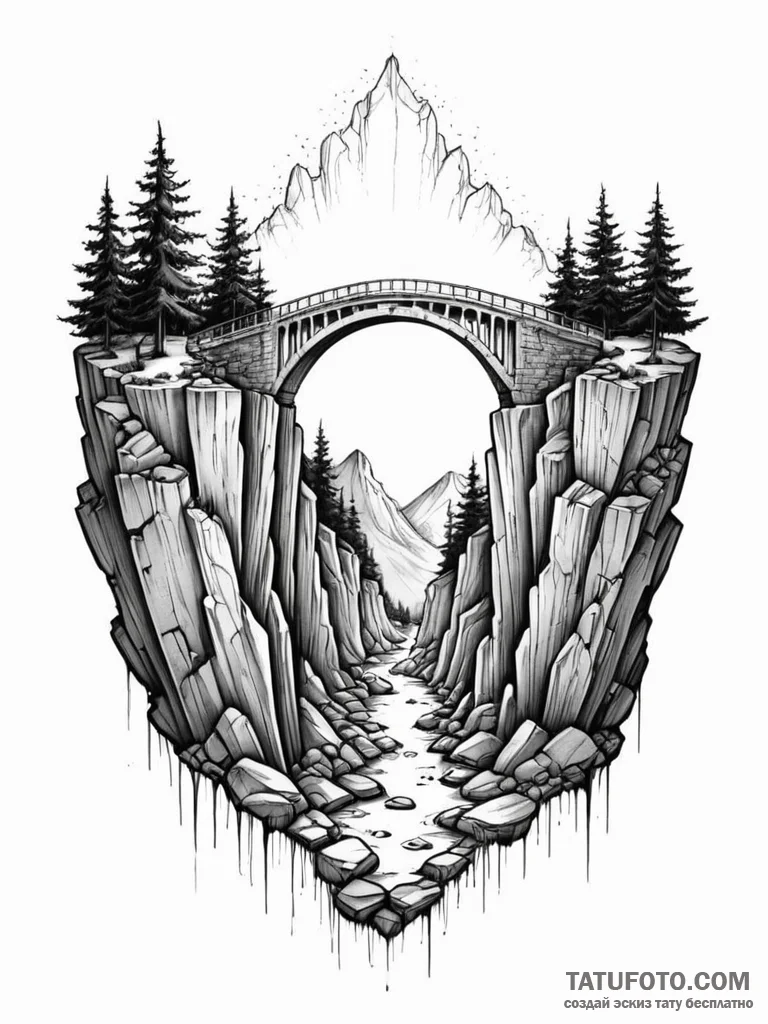 Tattoo sketch, bridge spanning a chasm, half... - эскиз тату (№1752417396_0, 13.07.2025 14:36) — Tatufoto.com
