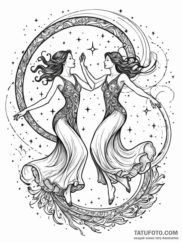 Tattoo sketch, joyful cosmic dance, two styli... - эскиз тату (№1752419685_0, 13.07.2025 15:14) — Tatufoto.com