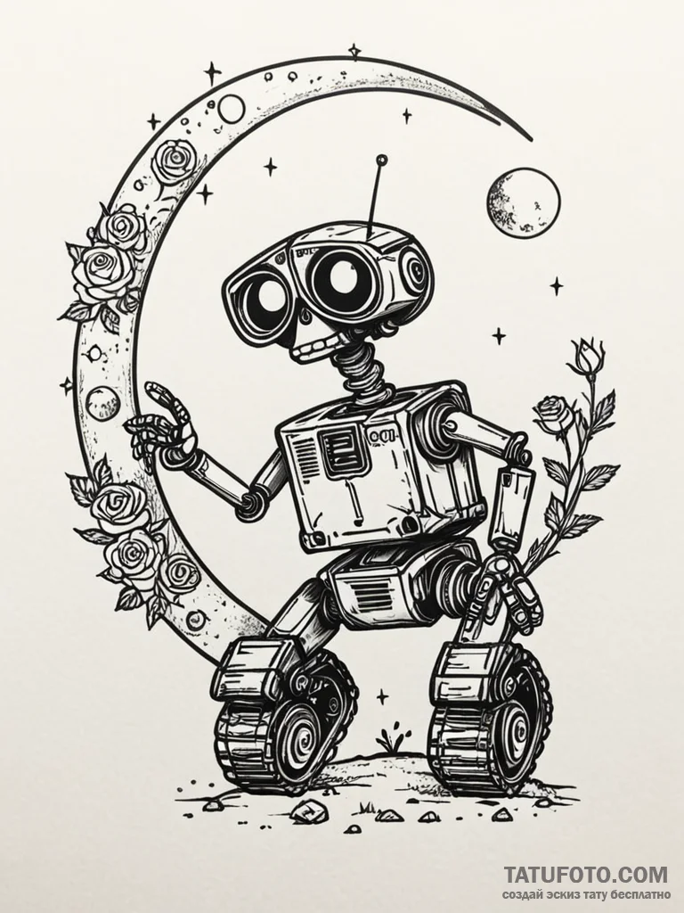 Tattoo sketch, moon-powered robot, a small, c... - эскиз тату (№1752420540_0, 13.07.2025 15:29) — Tatufoto.com