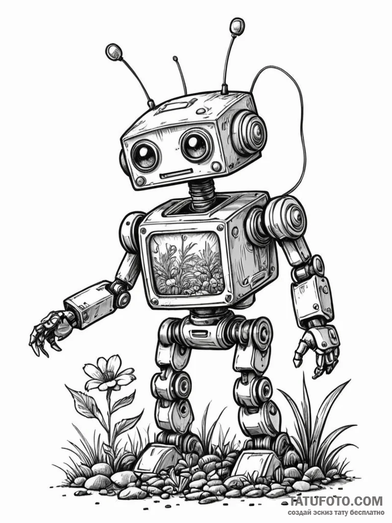 Tattoo sketch, whimsical robot gardener, a sm... - эскиз тату (№1752420711_0, 13.07.2025 15:31) — Tatufoto.com