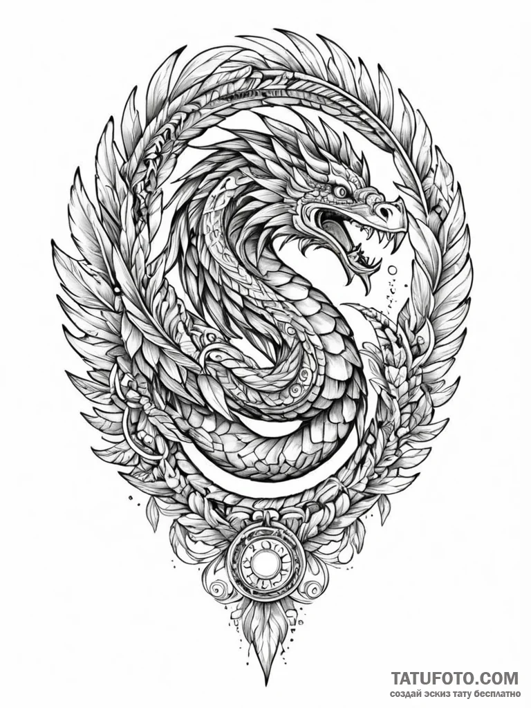 Tattoo sketch, quetzalcoatl, feathered data s... - эскиз тату (№1752421053_0, 13.07.2025 15:37) — Tatufoto.com