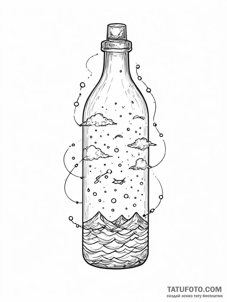 Tattoo sketch, bottled message floating in a... - эскиз тату (№1752421480_0, 13.07.2025 15:44) — Tatufoto.com