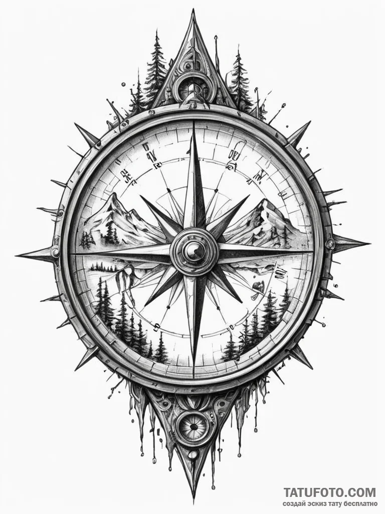 Tattoo sketch, jagged journey compass, an ant... - эскиз тату (№1752421646_0, 13.07.2025 15:47) — Tatufoto.com
