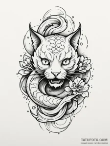 Tattoo sketch, quantum cat, shifting reality,... - эскиз тату (№1752421982_0, 13.07.2025 15:53) — Tatufoto.com
