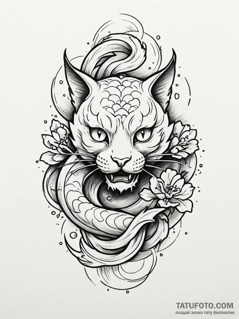 Tattoo sketch, quantum cat, shifting reality,... - эскиз тату (№1752421982_0, 13.07.2025 15:53) — Tatufoto.com