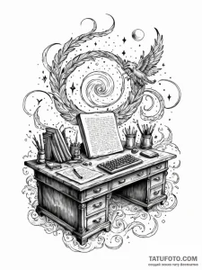 Tattoo sketch, dream weaver's desk, an old, w... - эскиз тату (№1752422151_0, 13.07.2025 15:55) — Tatufoto.com