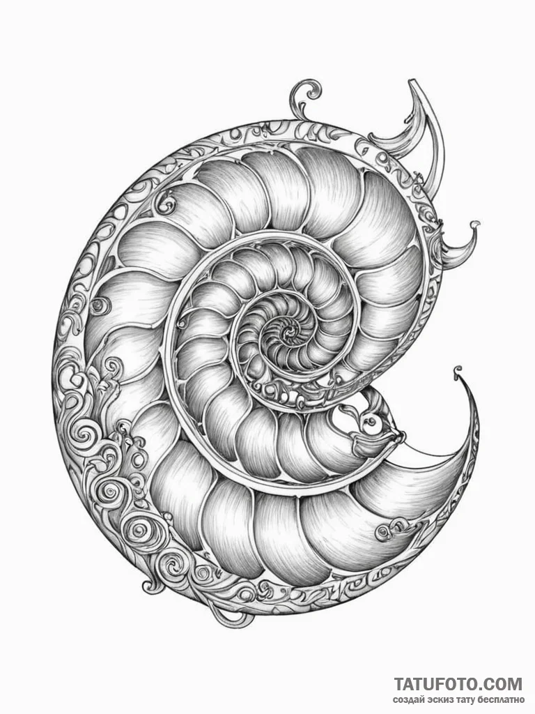 Tattoo sketch, musical nautilus shell, a naut... - эскиз тату (№1752422645_0, 13.07.2025 16:04) — Tatufoto.com