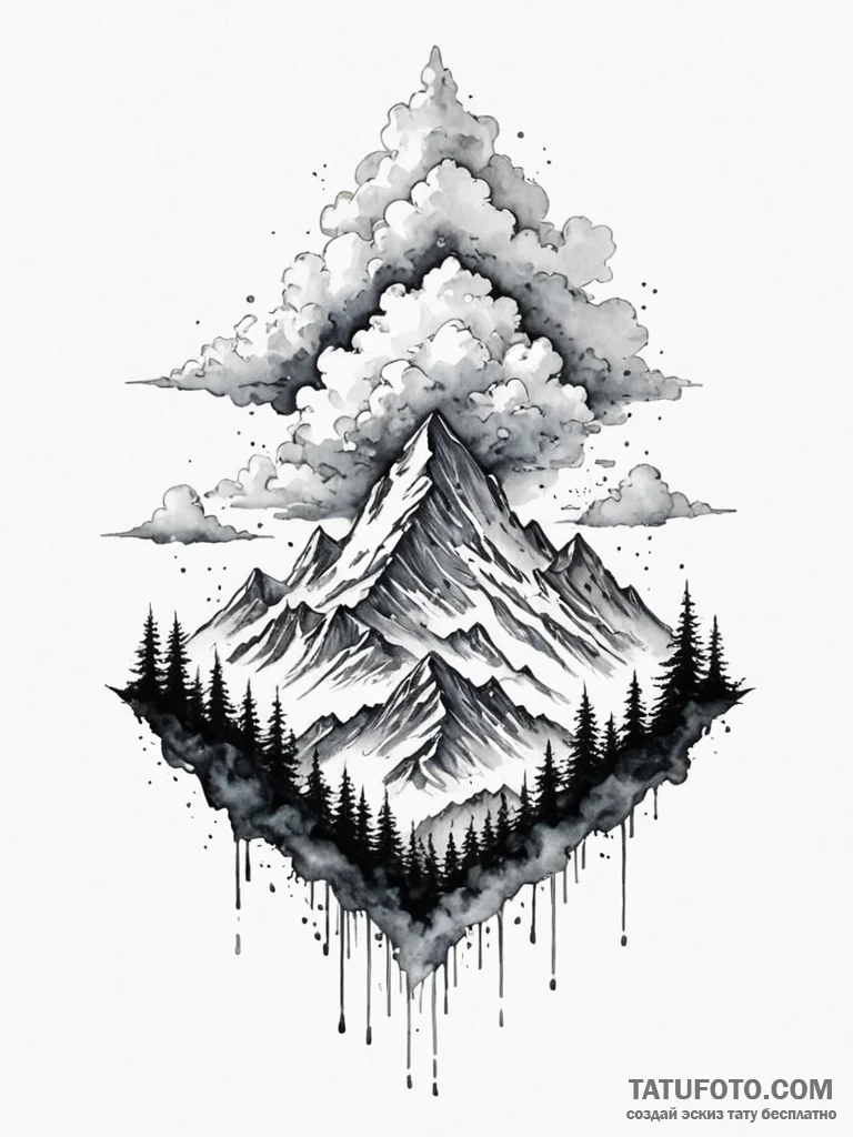 Tattoo sketch, mountain peak, cloud data cent... - эскиз тату (№1752422728_0, 13.07.2025 16:05) — Tatufoto.com